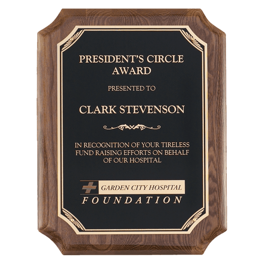 8" x 10" Airflyte Walnut Piano Finish Plaque with Gold Florentine Border Black LaserFX Plate