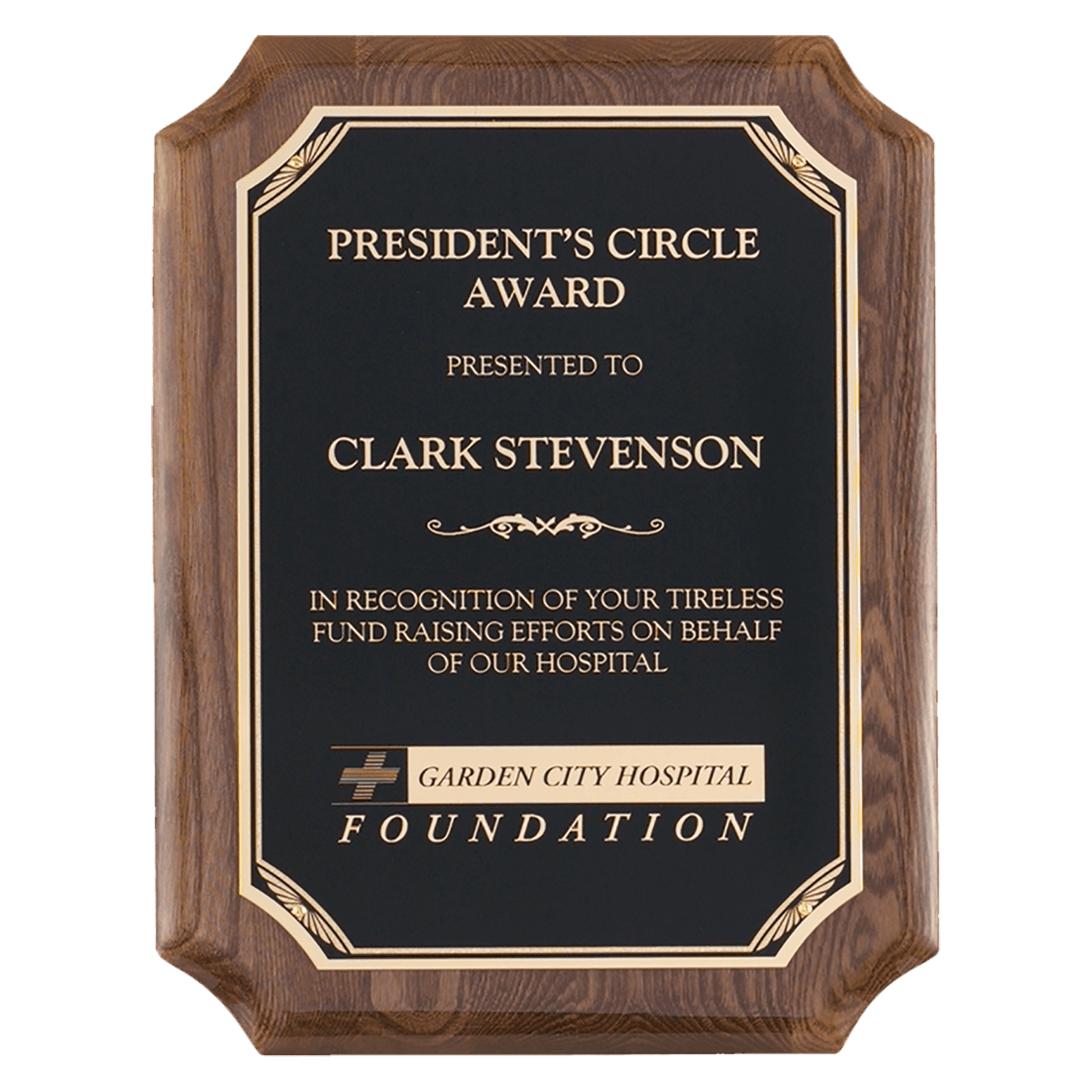 Walnut Piano Finish Plaque with Gold Florentine Border Black 9" x 12" Airflyte LaserFX Plate