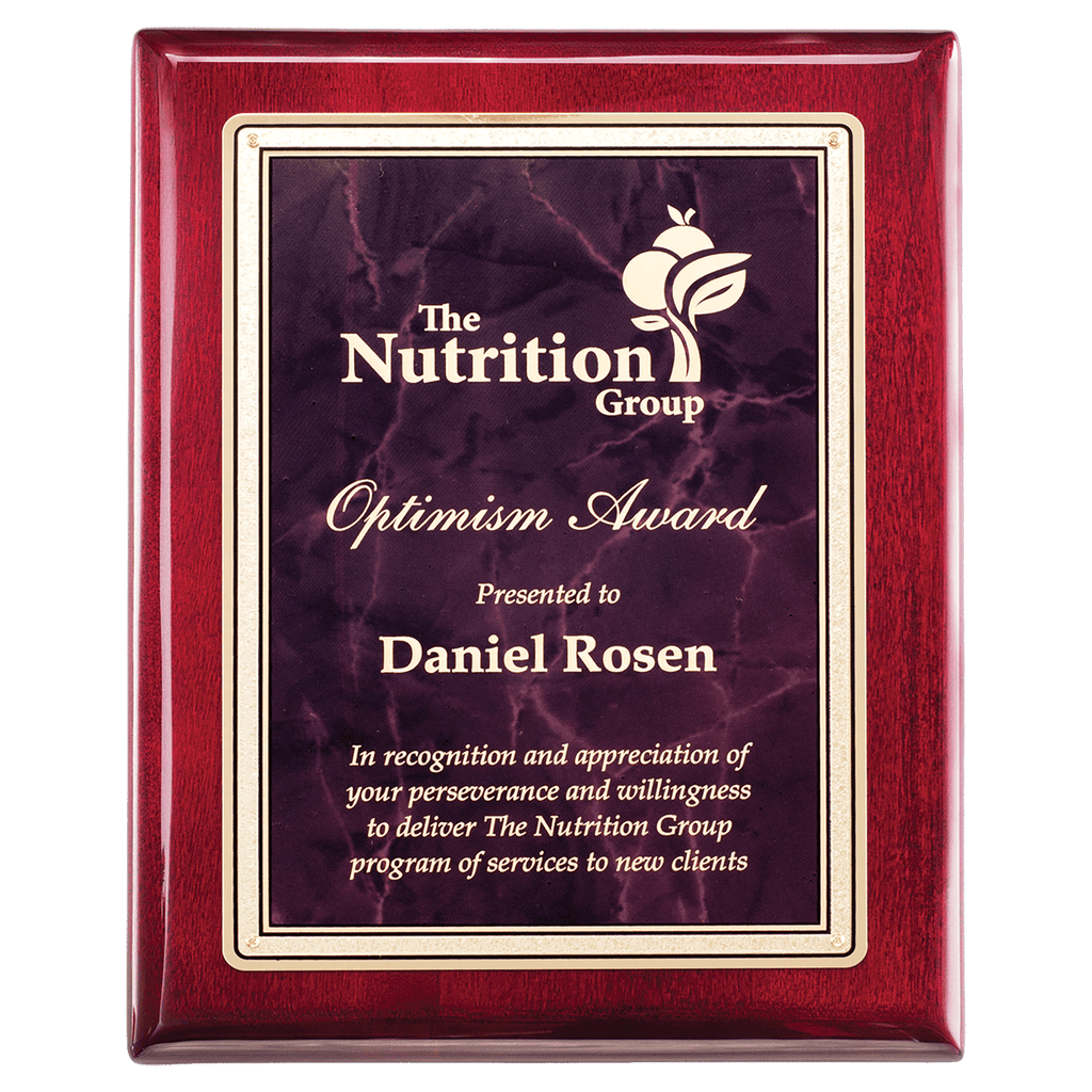 Rosewood Piano Finish Plaque with Ruby Marble/Gold 10 1/2" x 13" Florentine Design LaserFX Plate