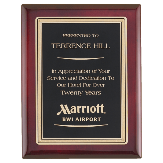 Rosewood Piano Finish Plaque with Gold Border Black Airflyte Premium LaserFX Plate