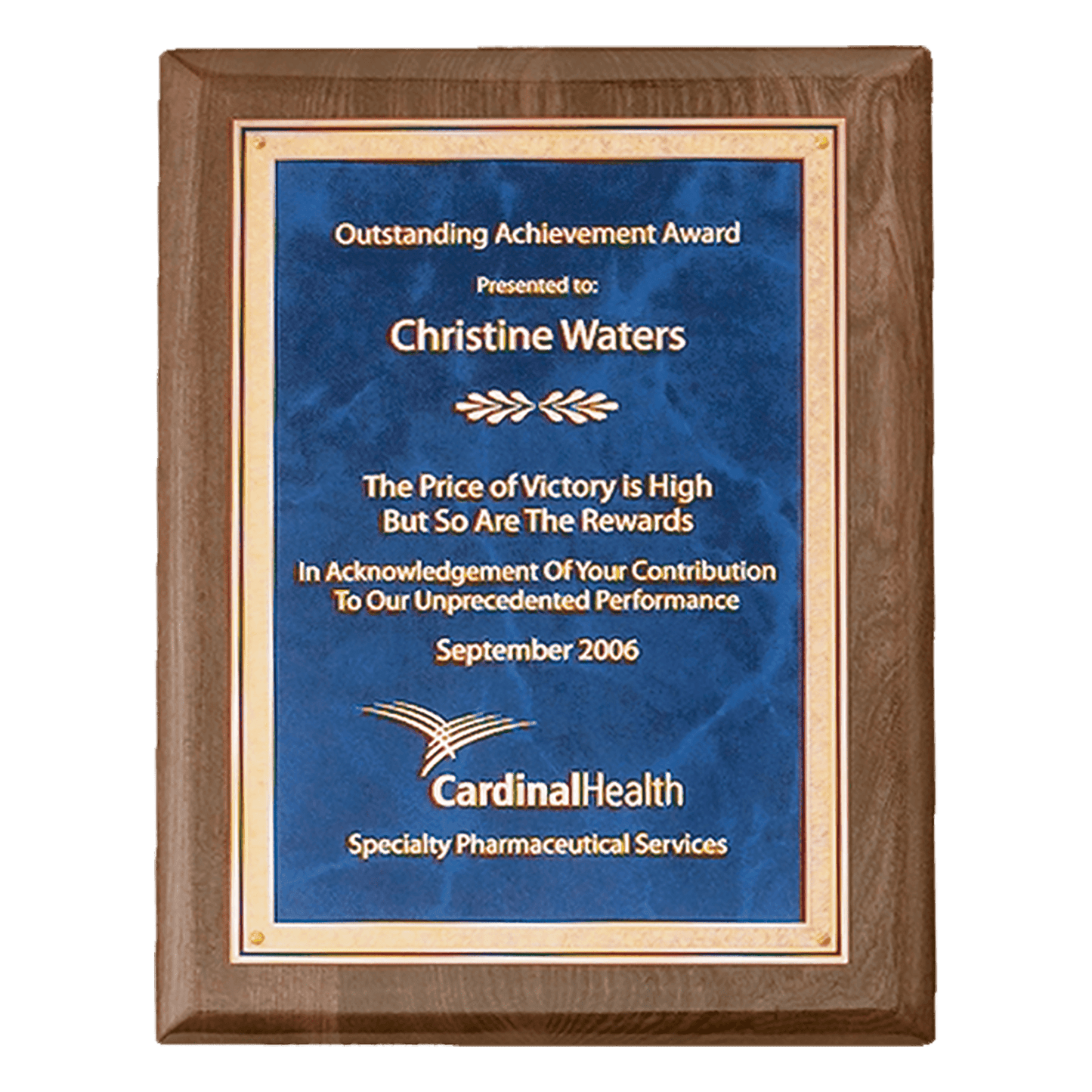 Walnut Piano Finish Plaque with Gold 7" x 9" Airflyte Premium Florentine Border Sapphire Marble LaserFX Plate