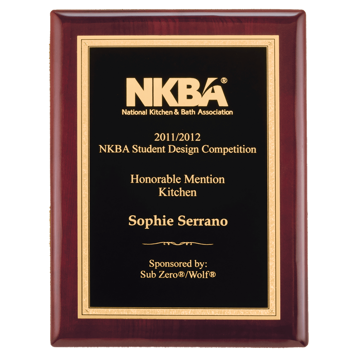 11" x 14" Airflyte Rosewood Piano Finish Plaque with Textured Black/Gold Florentine Border LaserFX Plate