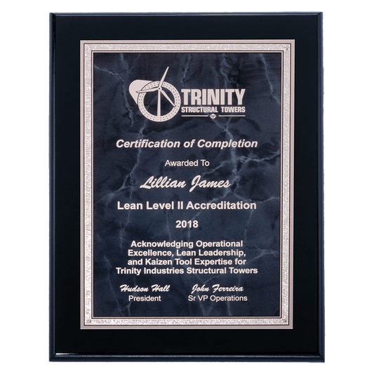 9" x 12" Airflyte Black High Gloss Plaque with Gray Marble/Silver Florentine Border