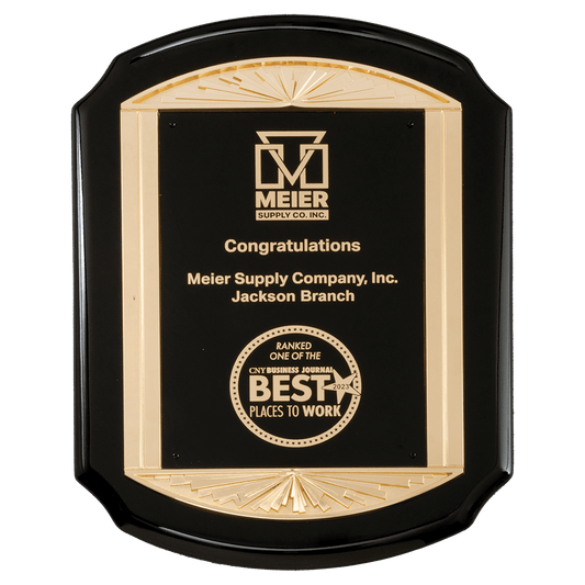 11" x 15" Black High Gloss Plaque with Metal Gold Sunburst Frame Casting and Black LaserFX Plate