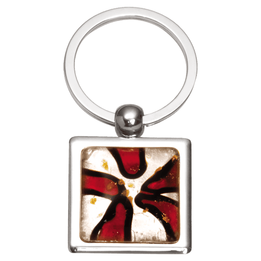 Red 1 1/4" x 2 3/4" Art Glass Decorated Key Ring