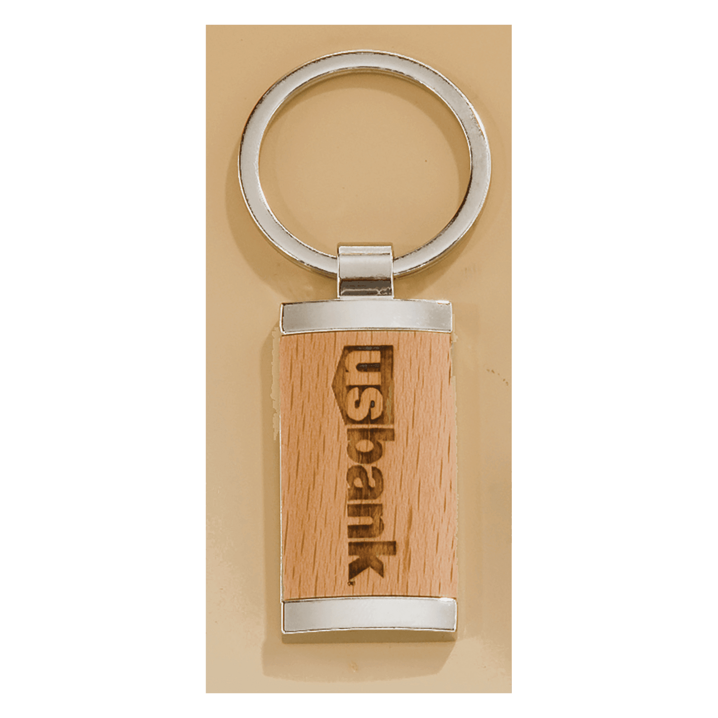 7/8" x 1 1/4" Rectangle Silver Key Ring with Maplewood Insert