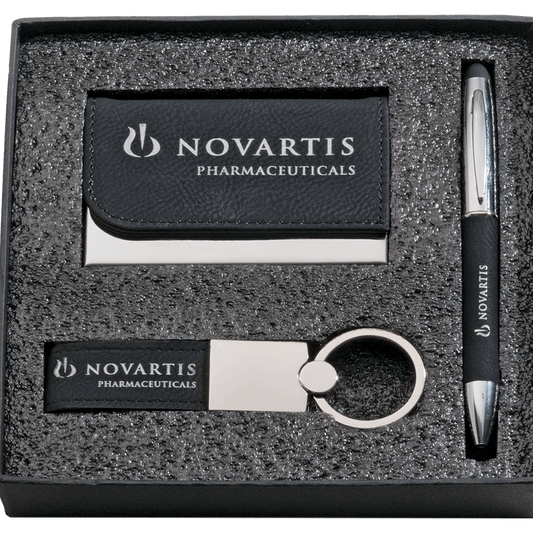 Black Leather Gift Set/Pen, Keychain, Business Card Holder