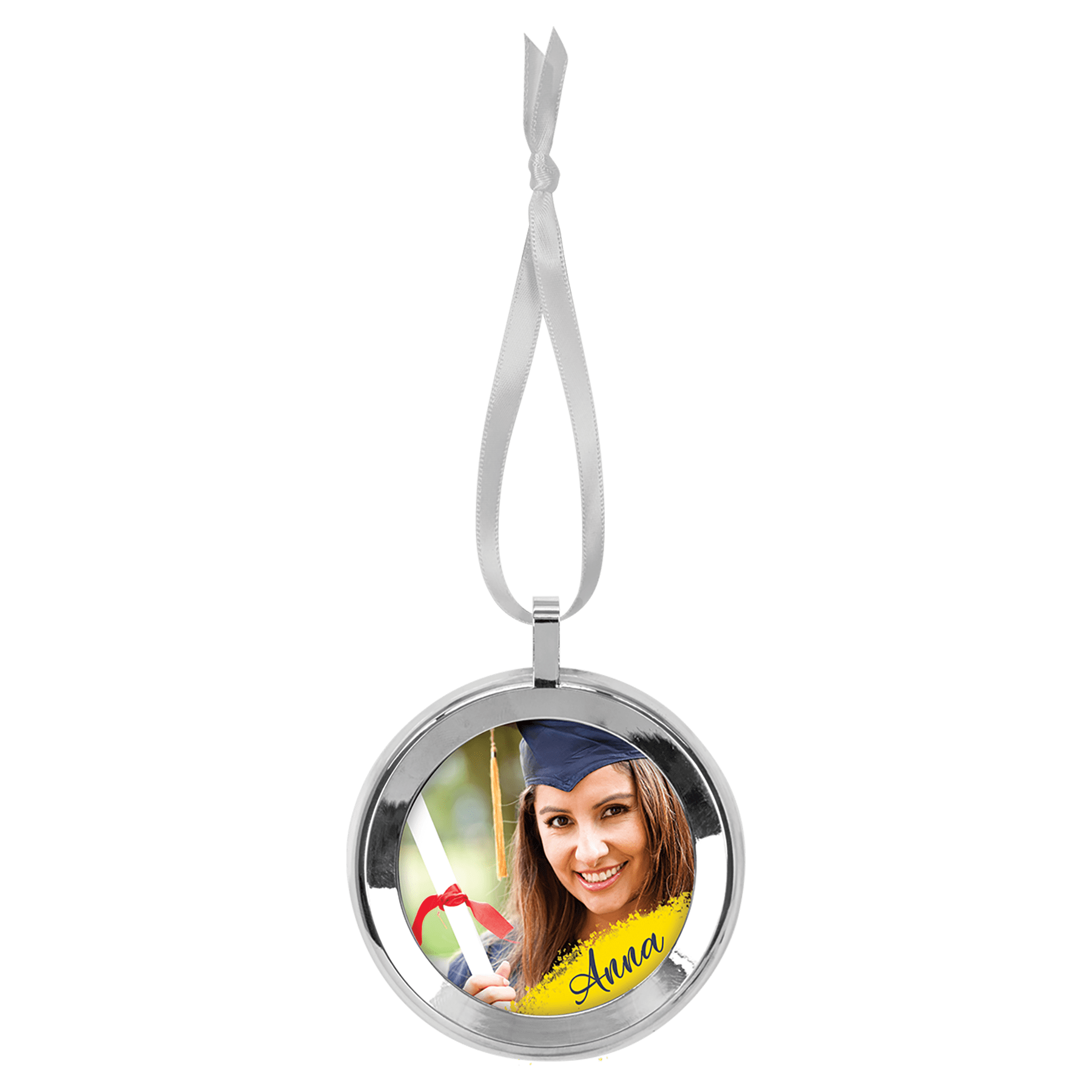 3" Diameter Silver Metal Ornament with White Ribbon