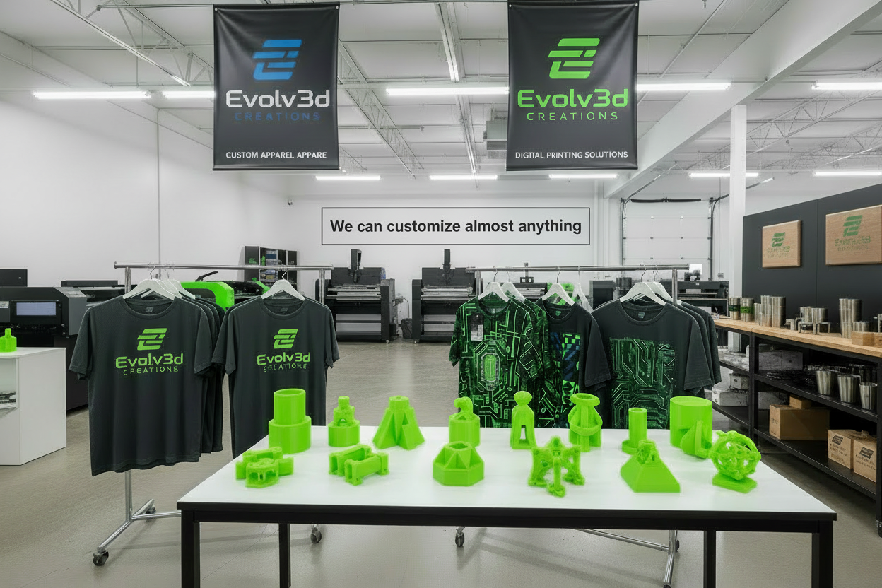 Evolv3d Creations workspace with all caps message